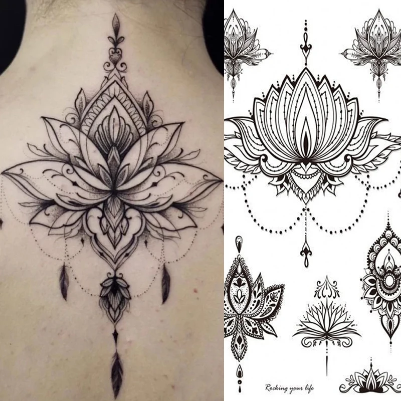 1pcs Temporary Tattoo Sticker  Waterproof Black Retro Hand Back Pattern Tattoo Sticker Mandala Flower Clavicle Temporary Tattoo