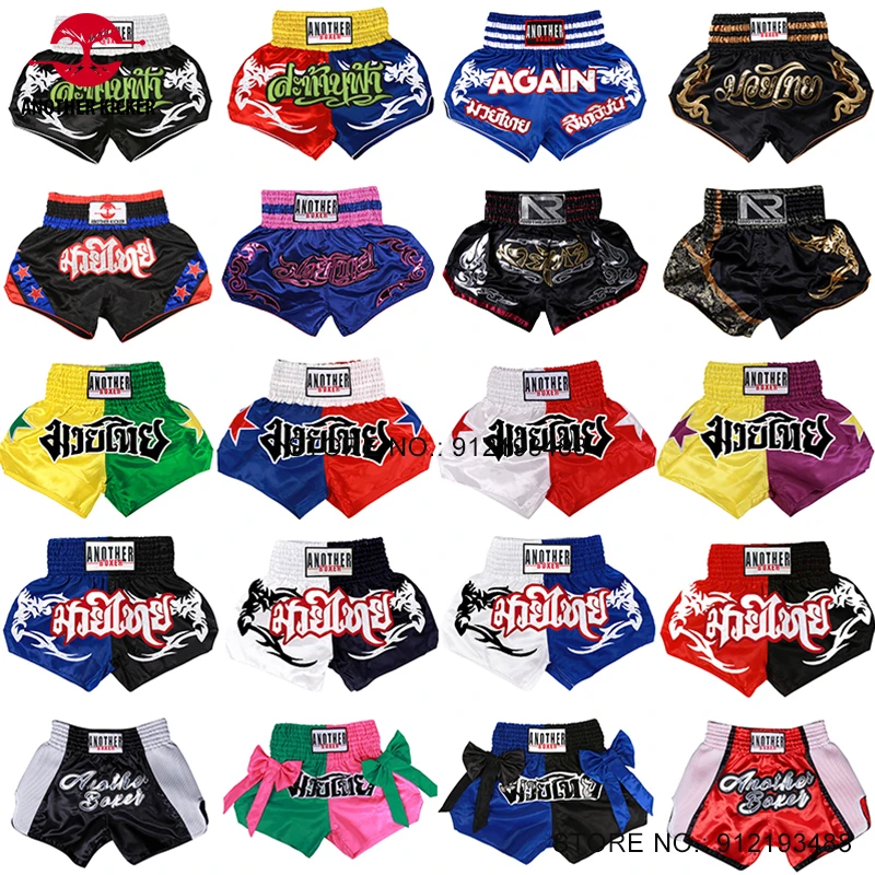 

Muay Thai Shorts Men Women Children Embroidery Patchwork MMA Boxing Grappling Shorts Gym Combat Kickboxing Training Team Trunks