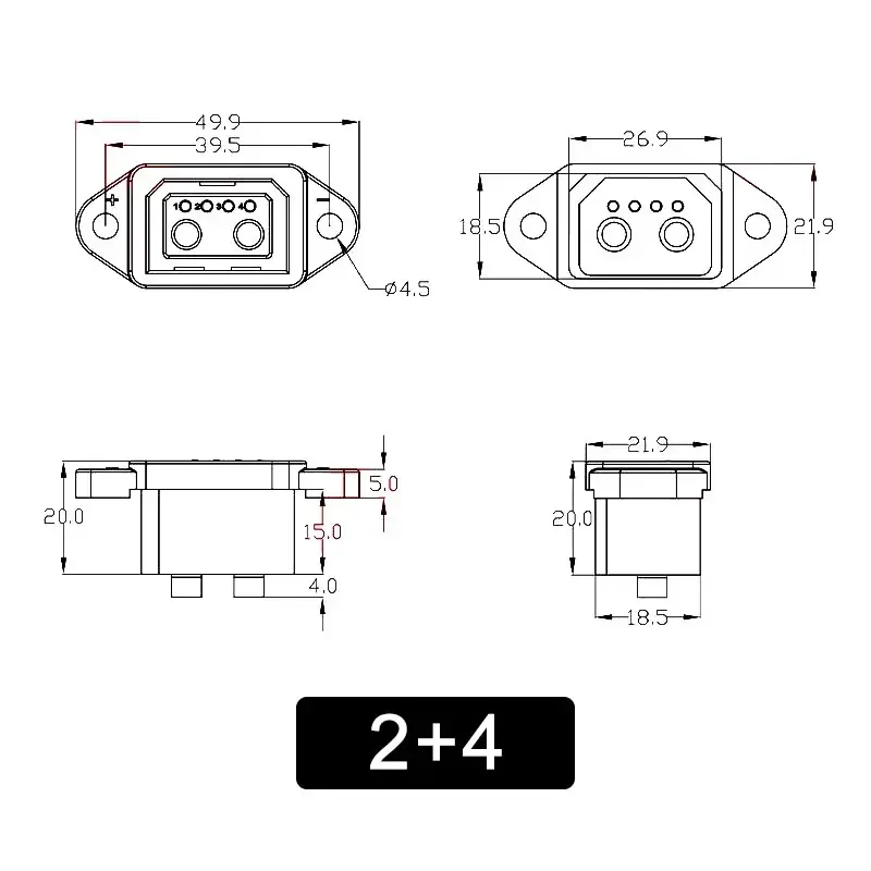 XT60/TX90 to 2+4/2+6 Cable Connector Male Female Electric Vehicle Lithium Battery Charging Socket 4 Square New Energy Power Line