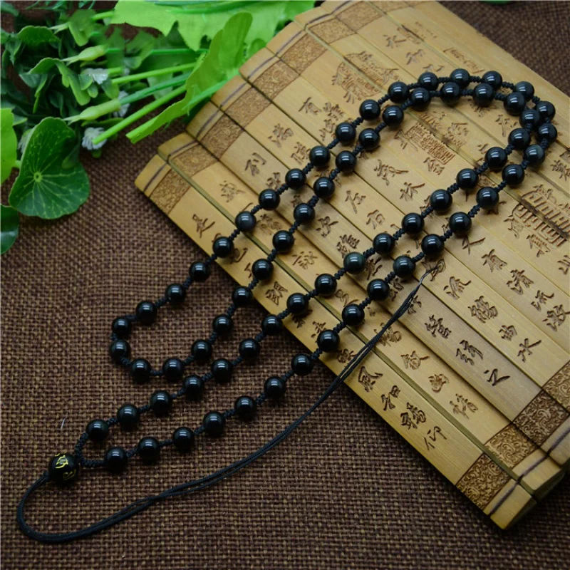 Factory Direct Sales 6mm Obsidian round Beads Fine Woven Necklace Six Words Mantra Sweater Chain Handmade Bead Necklace