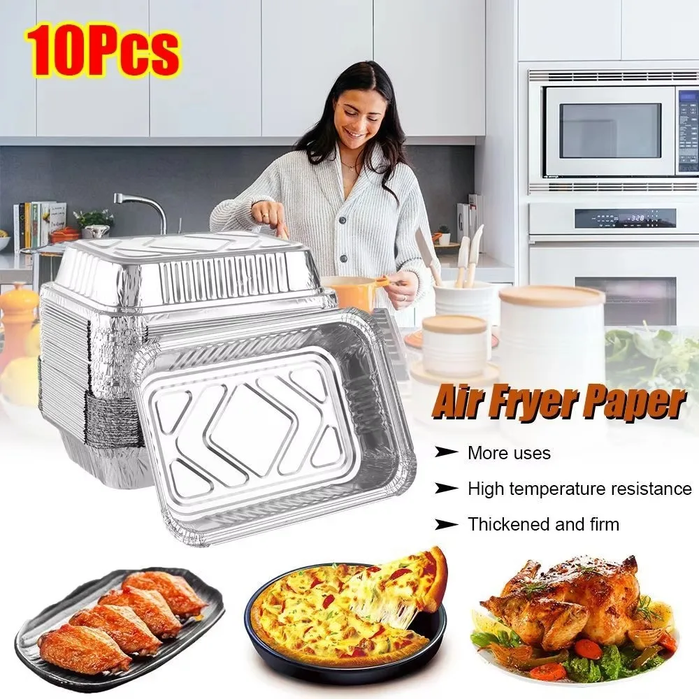 10PCS With Lids Aluminum Foil Trays Disposable Non-Stick Foil Food Containers Cooking Kitchen Tool Square Baking Pans Takeaway view 2