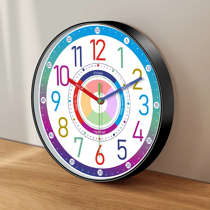 Educational Wall Clock Children Time Teaching Color Gradient Dial  Silent Movement Decor For Kids Bedroom Classroom School Gift