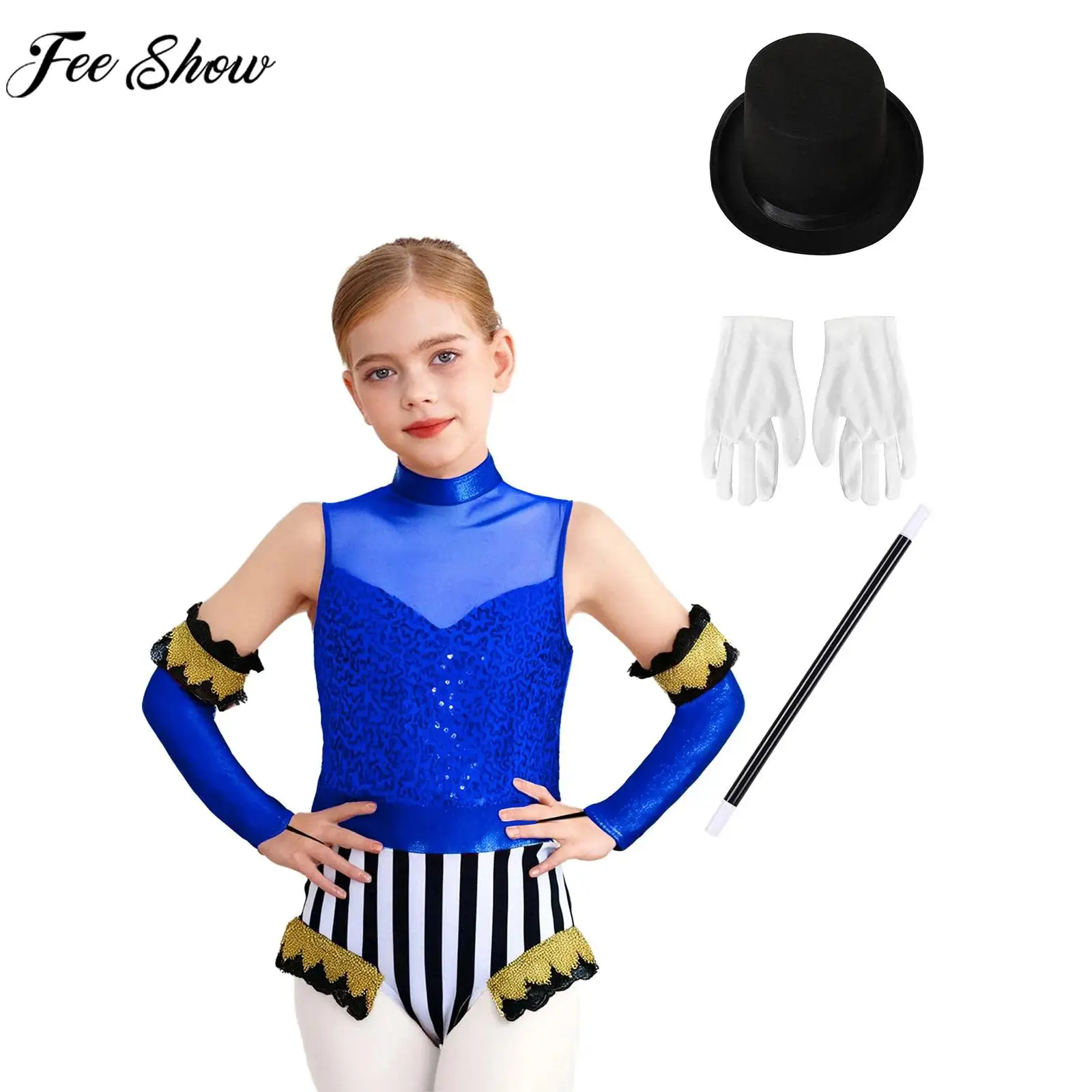 

Kids Girls Halloween Circus Ringmaster Magician Showman Cosplay Costume Sleeveless Sequins Dance Leotard with Oversleeves Set