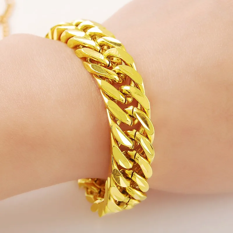 Pure Gold Color 12mm Men\'s Bracelet, 24K Gold Filled Link Chain Heavy Bangle Bracelets for Men 19.5cm,Wholesale Fashion Jewelry