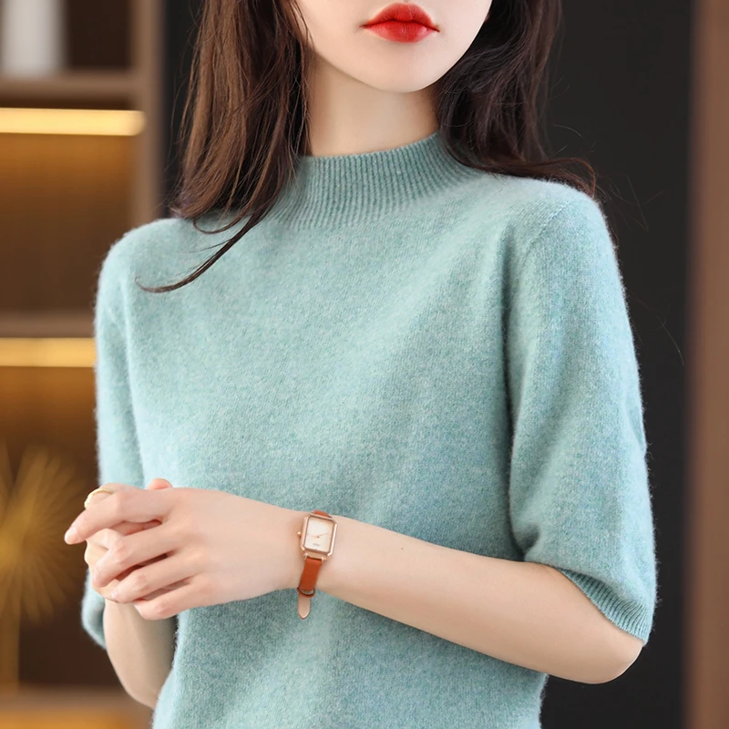 Seamless Cashmere Sweater Knitted Women\'s Clothing 100% Pure Wool Short-Sleeved 2022 Spring Five-Quarter Sleeve Fashion Pullover