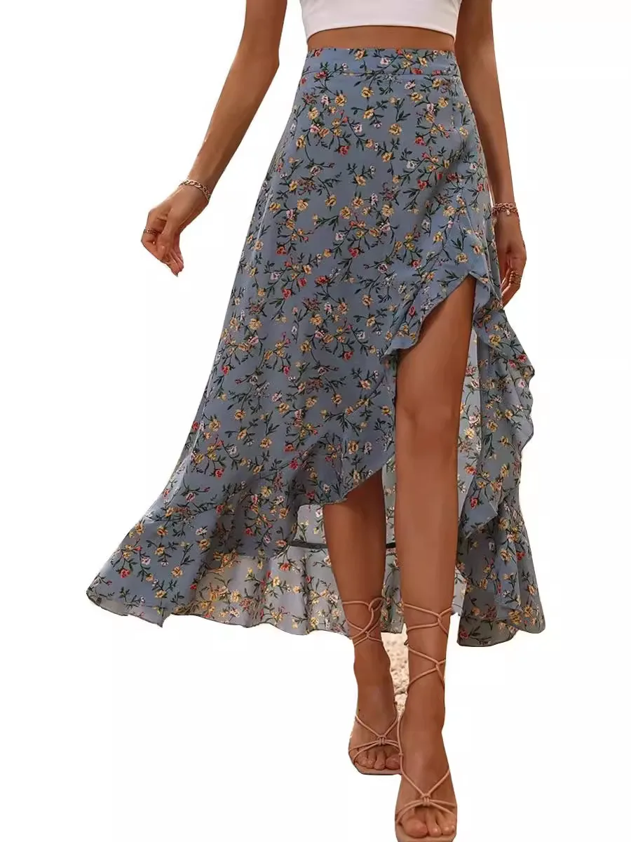 Sexy Side Split Skirt, Printed Ruffle Edge, European and American, Spring, New, 2022