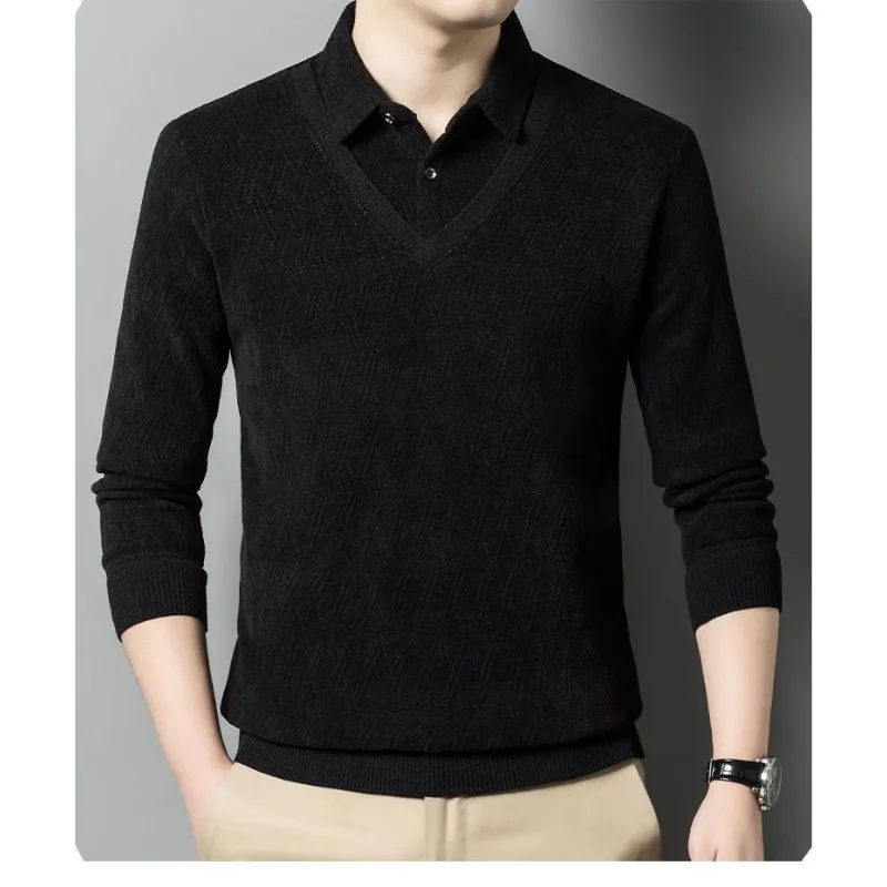 

Men's Autumn Winter Two-piece Sweaters New Knitted Jacquard Bottoming Long-sleeved Plus Velvet Casual Thickening Warmth
