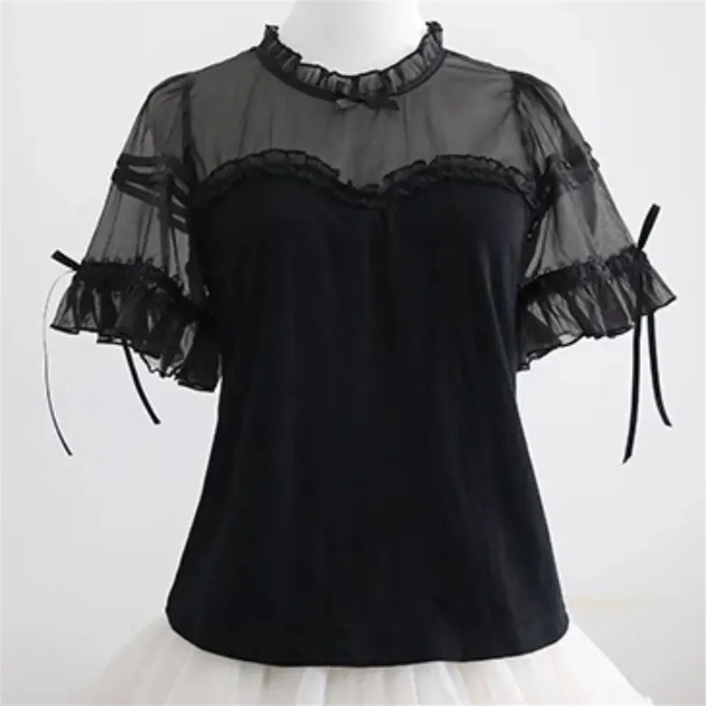 

Японская кавайная кружевная шифоновая рубашка с оборками и бантом, женские элегантные винтажные готические блузки в стиле Лолиты, милые черные, белые топы для девочек