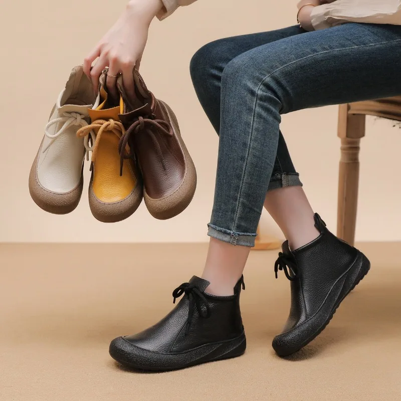 Autumn Early Winter Genuine Leather Shoes Women Ankle Boots Soft Retro Brand Ladies Fashion Boots Plus Size 41 D598