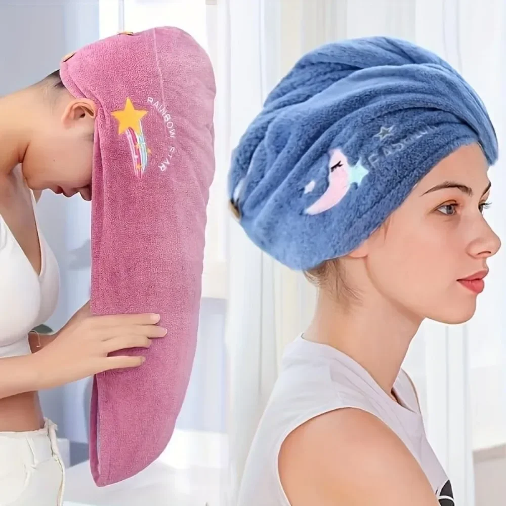 2 Packs Cute Embroidery Microfiber Hair Drying Cap Super Absorbent Quick Dry Hair Towel Wrap with Button for Women Long Hair