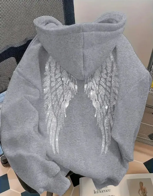 Women Oversized Hoodie Angel Wings Print Pullover Long Sleeve Loose Fit Streetwear Casual Sweatshirt