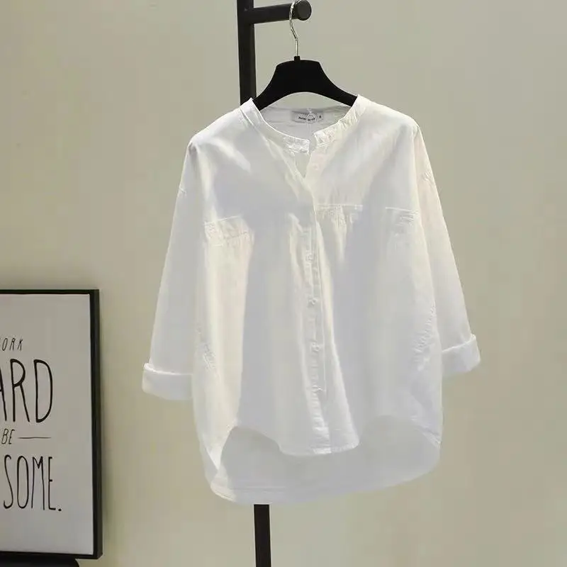 

Design Sensation Pure Cotton White irt Women's Faionable Casual Top Breathable V-ne Button-up Long Sve irt
