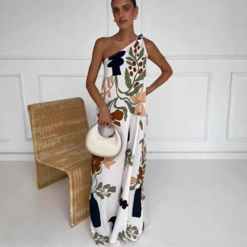

2025 Fashion Pattern Printing Boho Dress Sexy One Shoulder Sleeveless Loose Casual A-line Sundress Holiday Party Long Dresses