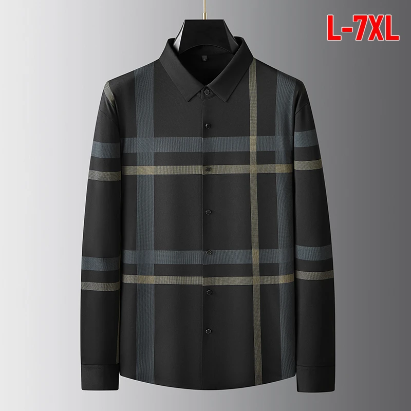 

Plus Size 7XL Spring Autumn Seamless Men's Shirts High Elasticity Long Sleeve Business Casual Plaid Printed Man Dress Shirts