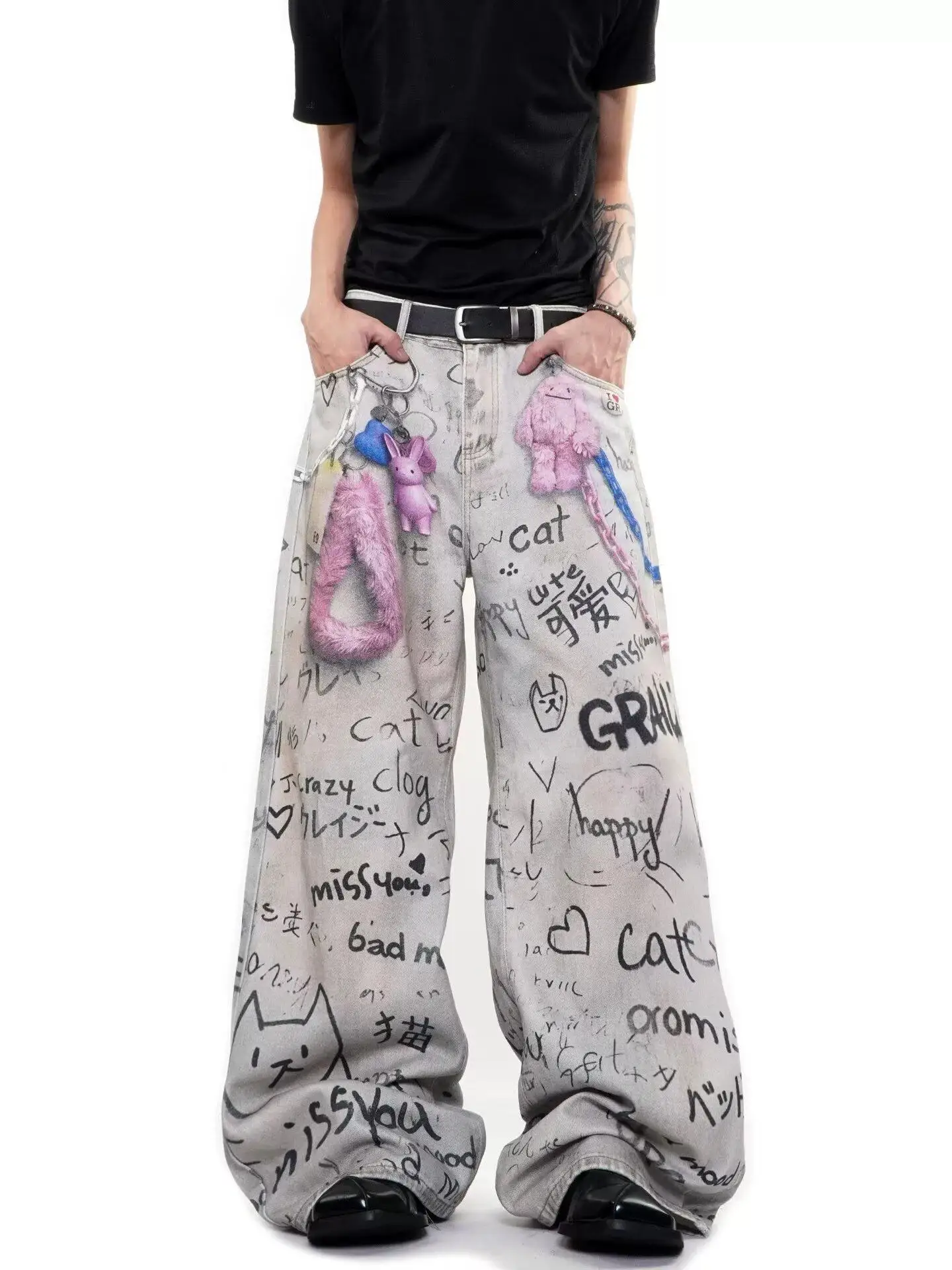 High Street European-style 3D Digital Printing Double-waist Pants Chain And Graffiti Denim Pants Women Trendy And Fashionable