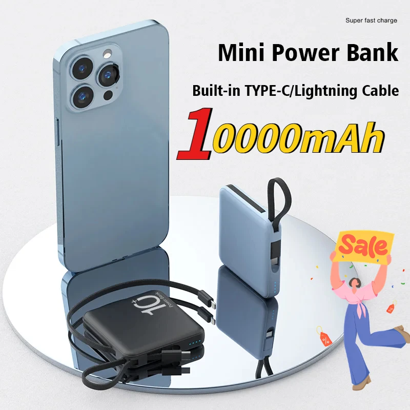 

10000 мАч мобильный внешний аккумулятор большой емкости с кабелем USB C портативный для IPhone Samsung Xiaomi