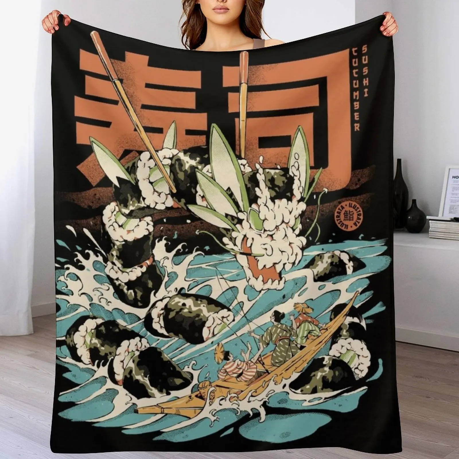 

Cucumber Sushi Dragon - Black Throw Blanket Decoratives Single Decorative Sofas Plush Blankets
