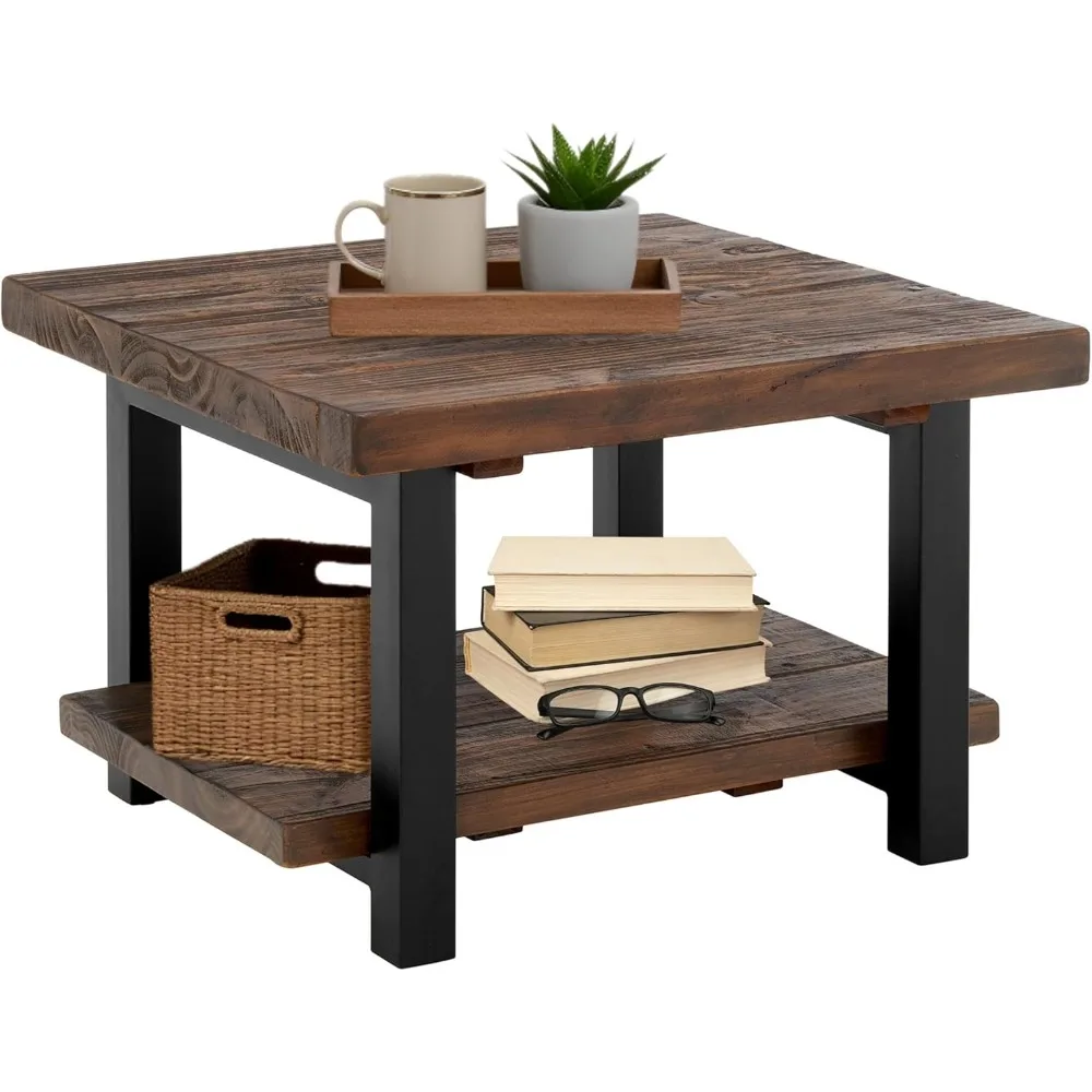 

pomona 27" rustic square coffee table - solid pine wood with natural weathered look and industrial metal base - ideal for small