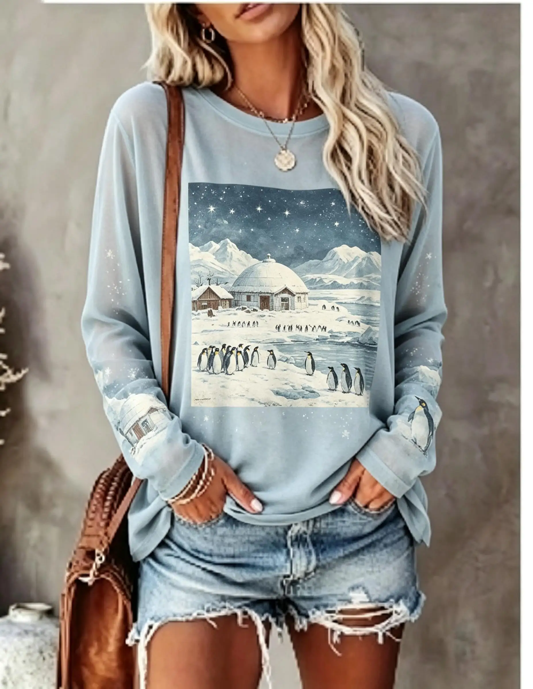 Women Long Sleeve T Shirt Halloween Haunted Castle Full Moon Bat Snow Forest Print Crew Neck Casual Fall Tops