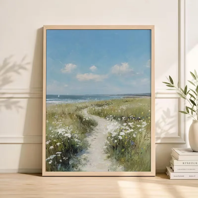 2D Flat, 2D Flat, Impressionist Coastal Scene Canvas Painting, 2D Flat Unframed Wall Art with Winding Path Wild Flowers & Seasid