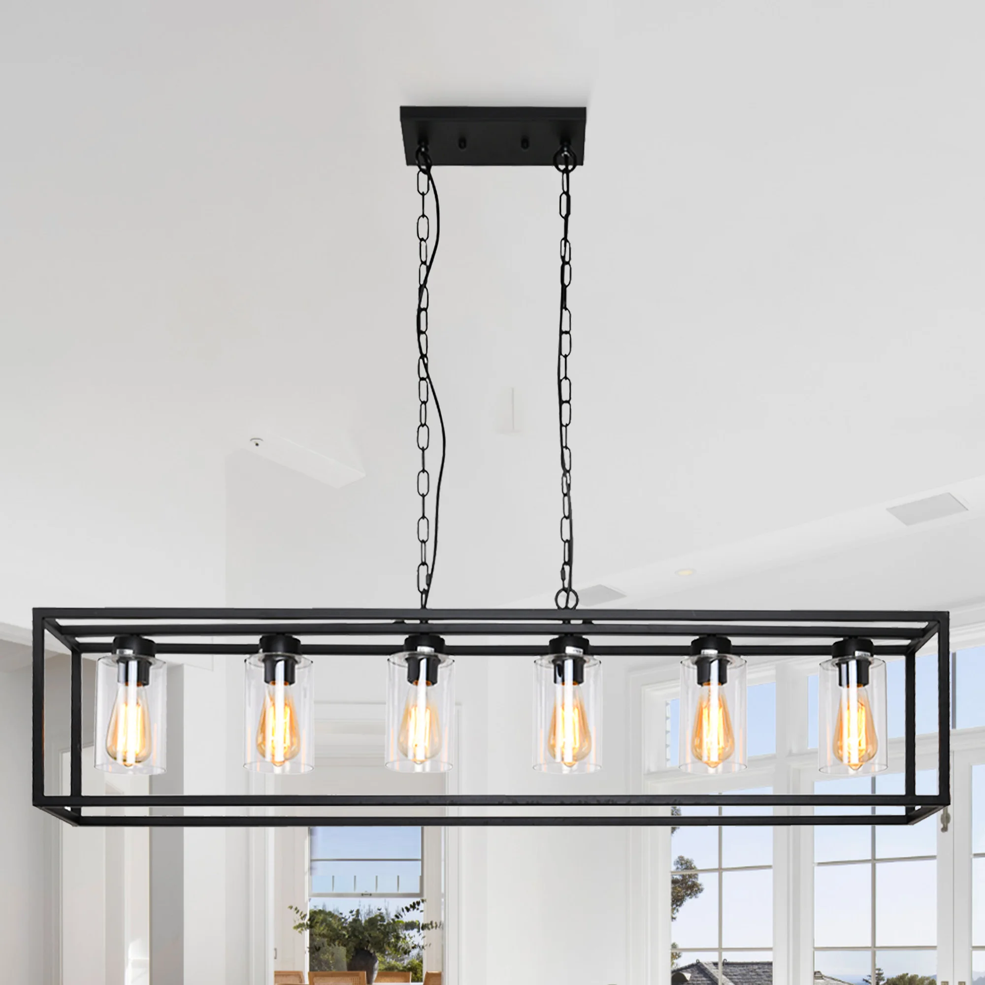 6 Light Cage Chandeliers with Glass Shade Rectangle Black Dining Room Lighting Fixtures Kitchen Island Hanging Pendant Lamps