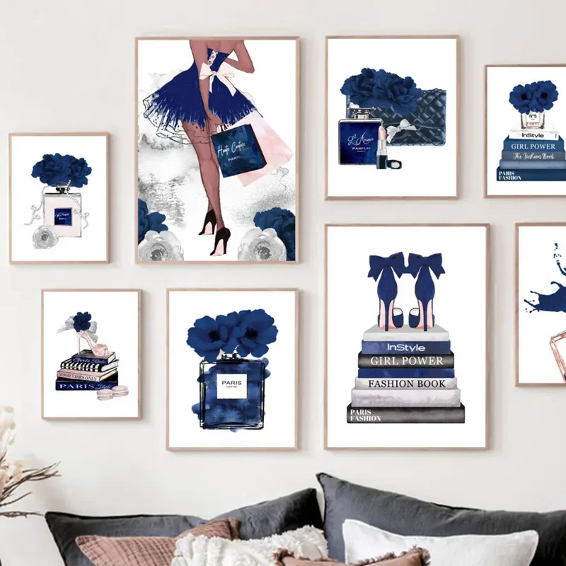 Nordic Simple Ink Aesthetic Fashion Lipstick Perfume Blue Rose HD  On Canvas Posters And Prints Home Bedroom Decoration Gifts