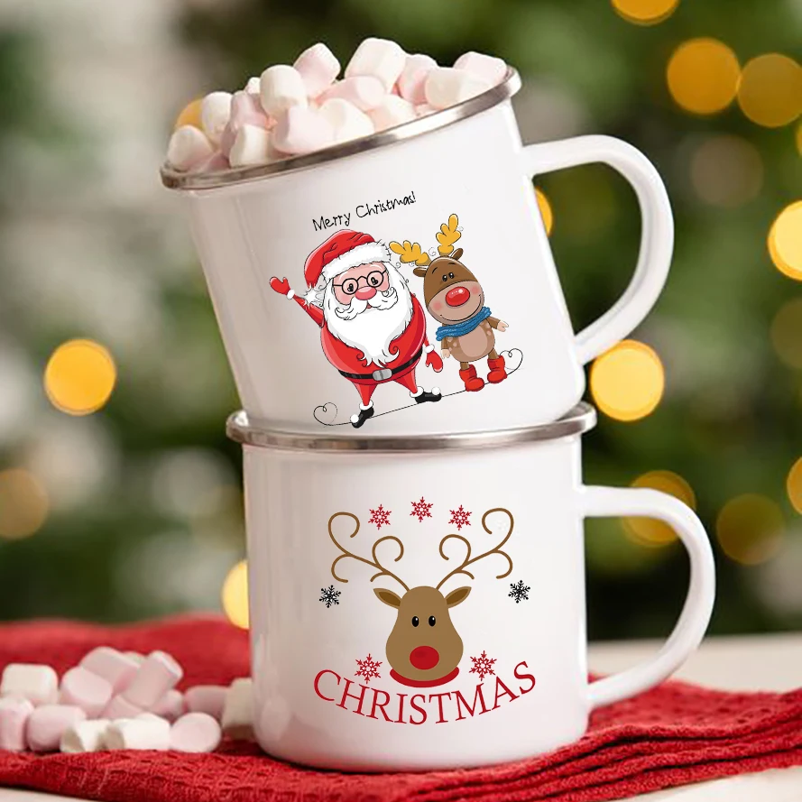 Santa Deer christmas tree Printed Coffee Mugs Merry Christmas enamel handle Mugs Family Party Drink Cups New Year Creative Gifts