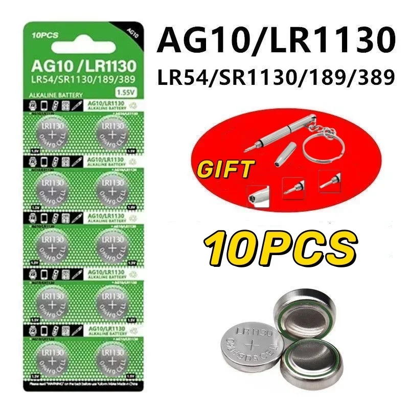 10Pcs AG10 LR1130 Button Battery LR 1130 SR1130 389A LR54 L1131 For Alkaline Battery Watch Hearing Aid Flashlight Calendar Toys