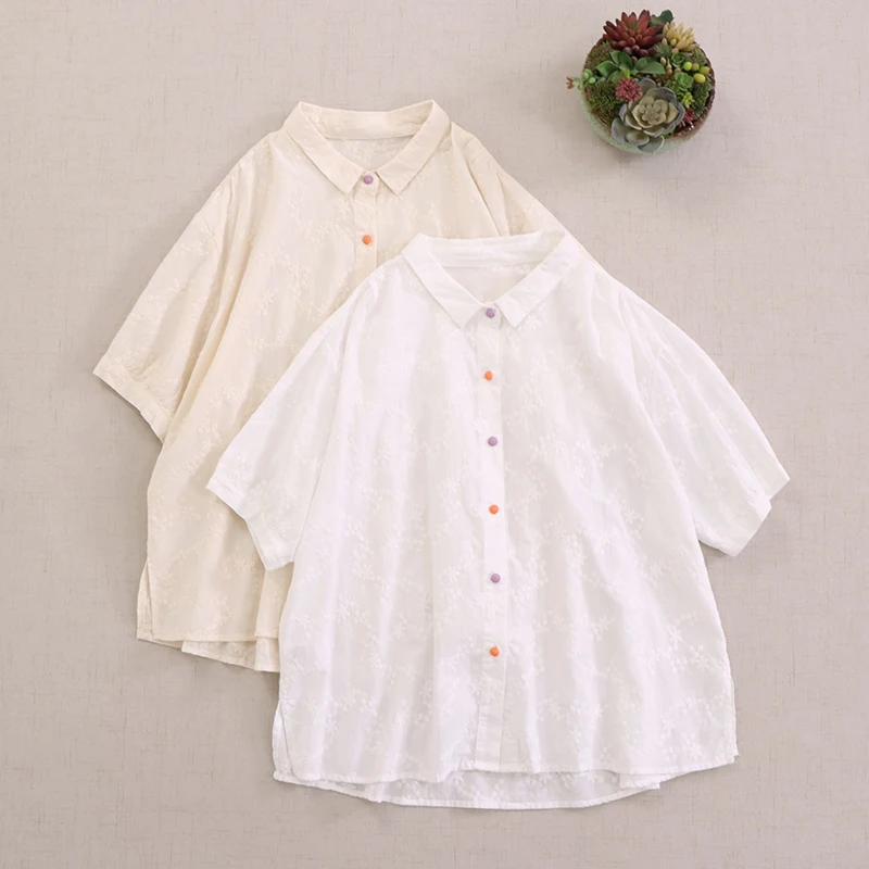 

Japanese Sweet Mori Girl Color Button Embroidery 100% Cotton Shirts Women Summer Turn Down Collar Short Sleeve Casual Blouse Top