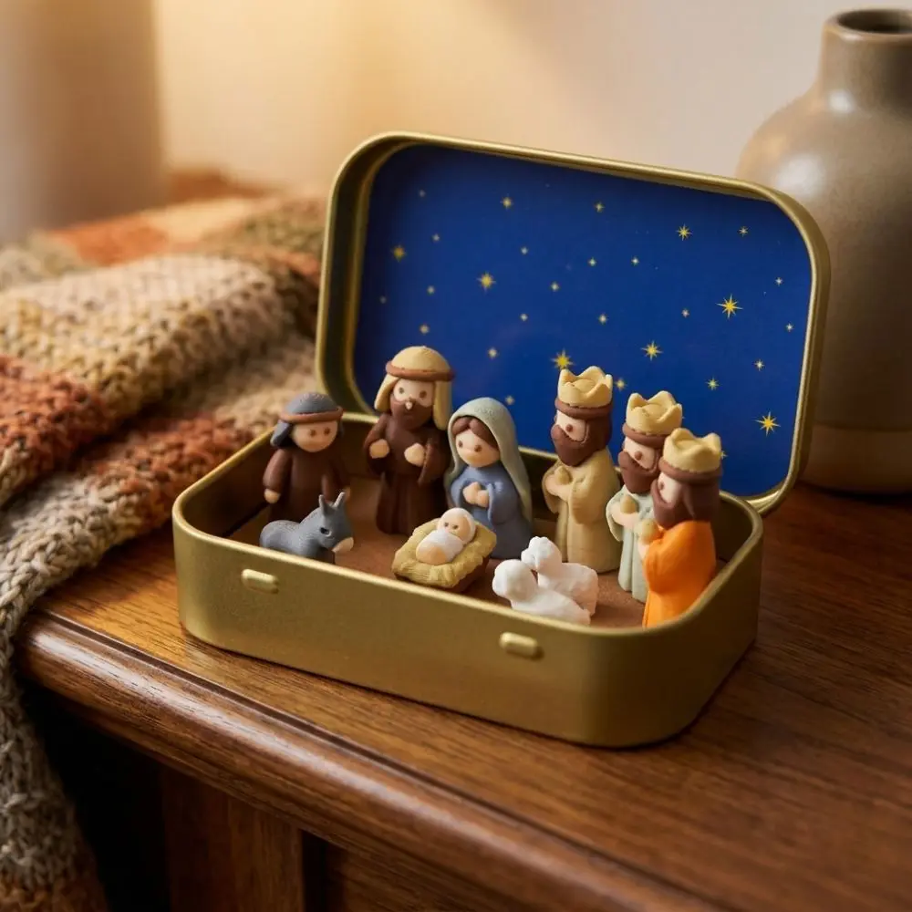 Metal Tin Box Mini Christmas Trough Set Hand Painted 3D Printed Nativity Manger Scene Kit Shepherd Animal Holy Family