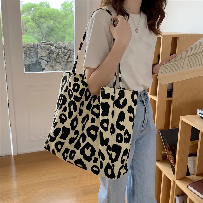 Large Capacity Casual Tote Bag Leopard Shoulder Bag Ladies Canvas Handbag Women\'s Travel Shopping Bag