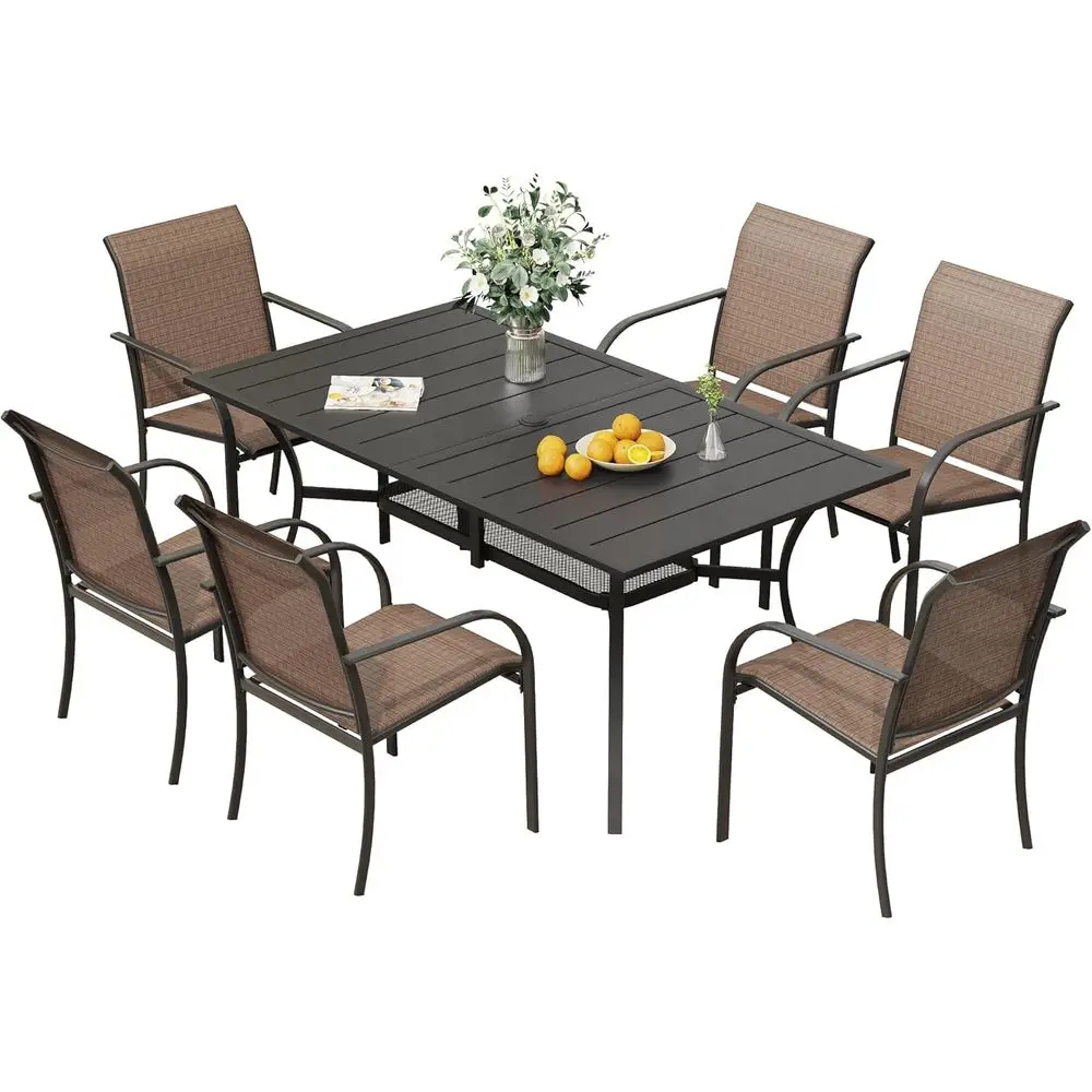 

6-Piece Outdoor Patio Furniture Set: Stackable Dining Chairs with Metal Table and Umbrella Hole, Brown Chairs, Black Table