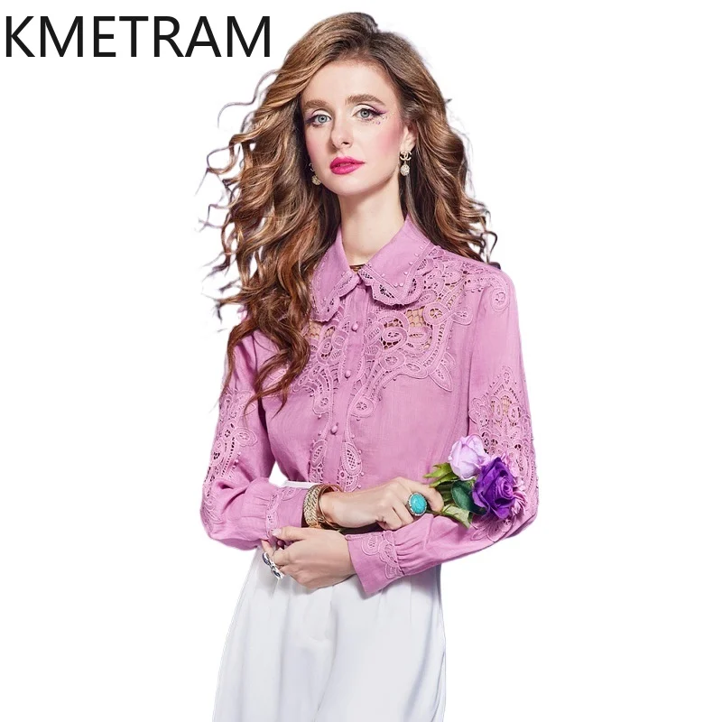 

KMETRAM 100% Ramie Shirt for Woman Pink Hollow Crochet Blouse French Style Ladies Tops 2026 Spring Women Clothes рубашка женская