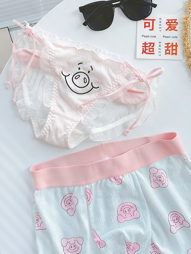 Lolita Linda ropa interior japonesa para parejas, bragas divididas de cintura baja transpirables, pantalones cortos con correa triangular, pantalones cortos de algodón para hombres y mujeres