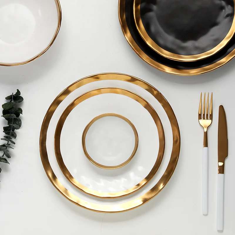 

European Black Gold Ceramic Plate Western Cuisine Matte Golden Stroke Steak Pasta Dinner Plates Creativity Retro Salad Dishes