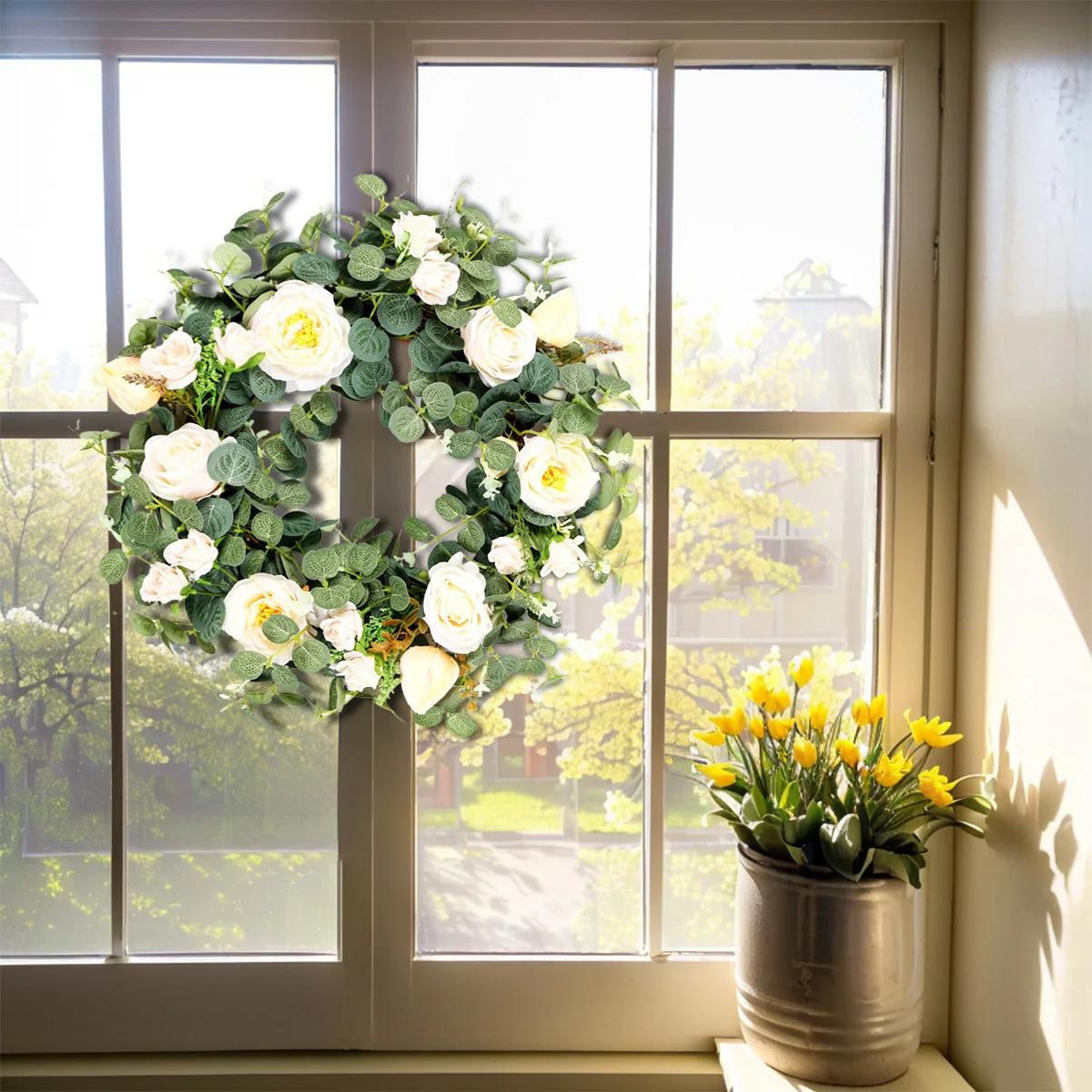 

Artificial Spring Wreath, 15.7 Inch Artificial Eucalyptus Wreath with Camelia, Handmade Garland for Festival Celebration