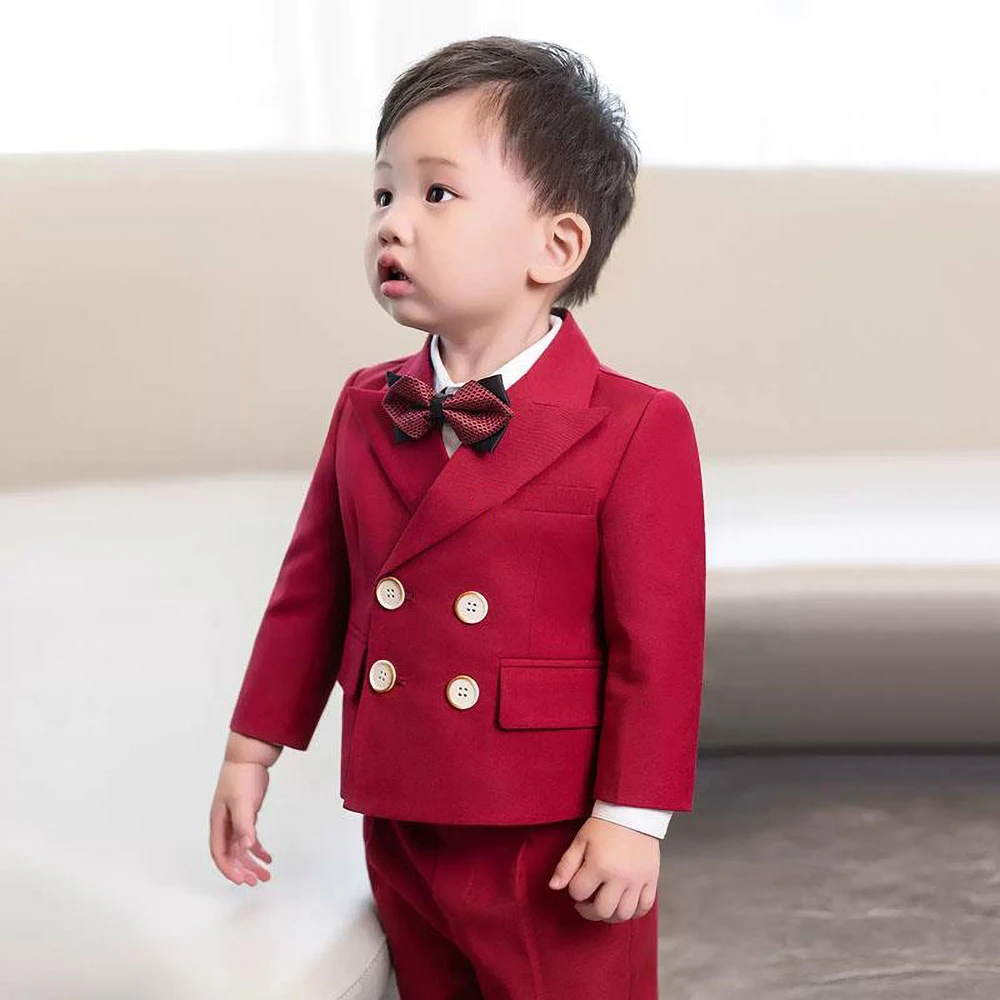 Fashion Boy Infant Suits Solid Color Peak Lapel Double Breasted Wear Wedding Tuxedo 2 Piece Casual Customized Kids Clothes