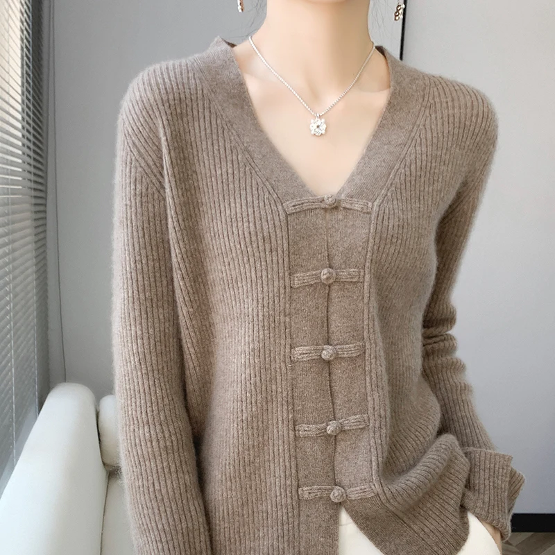 V-neck collar and collar new women's cardigan solid color autumn and winter high-end Blouse retro lazy style top