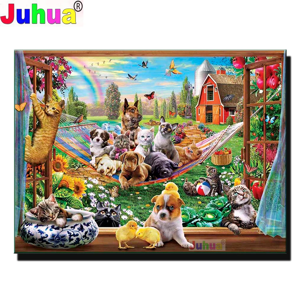 Window Cat Dog 5D DIY Full Square Round Diamond Painting Cross Stitch Diamond Embroidery gift Animals mosaic Home Decor KL082