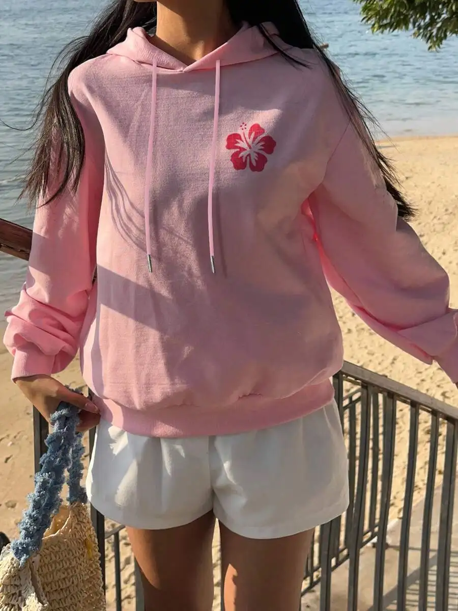 

Pink Hibiscus Print Loose Fit Hoodie Sweatshirt For Women Beach Vacation Casual