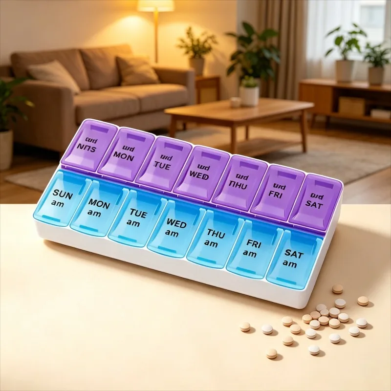 14-Fächer Wöchentliche Pillenbox 7-Tage AM PM Tragbarer Reise-Organizer Vitamin-Tabletten-Medikamentenbehälter für Zuhause Büro Reise – Detail 1