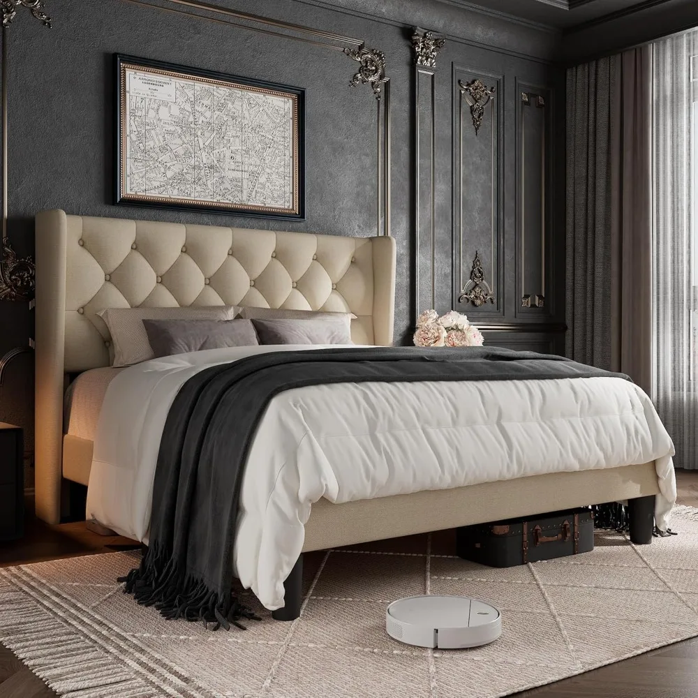 

Queen Size Bed Frame with Button Tufted Upholstered Headboard, Platform Bed Frame w/Sturdy Base Supports, Noise Free,