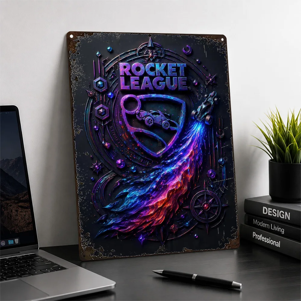 Rocket League Cosmic Emblem Textured Metal Poster Neon Wall Art For Home Office Personalized Aluminum Sign Video Game Fan Gift