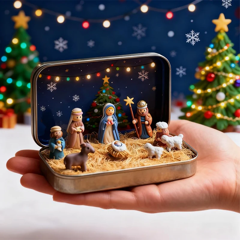 Mini Crèche De Noël Dans Une Boîte En Métal - FR