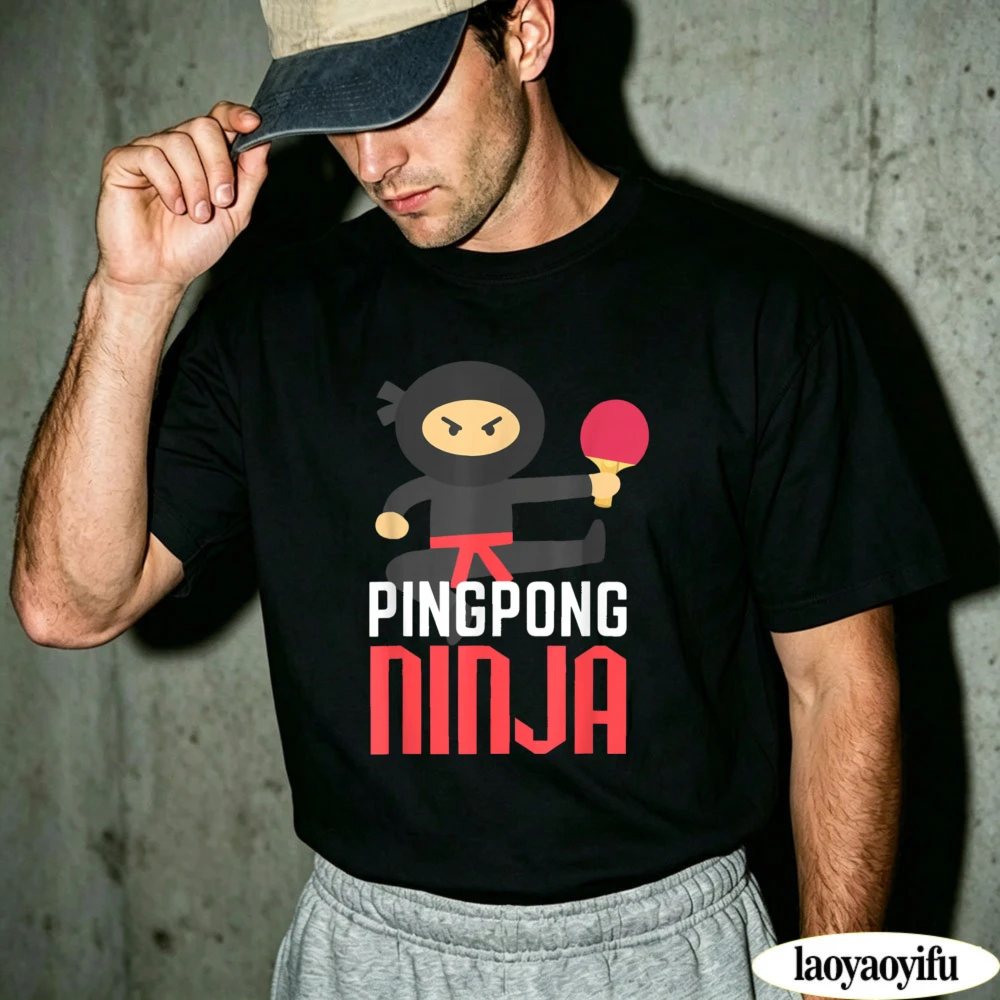 Ping Pong Ninja Cartoon Ninja Table Tennis Racket Print Short Sleeve Cotton Tee Casual Table Tennis Player Sport Outfit