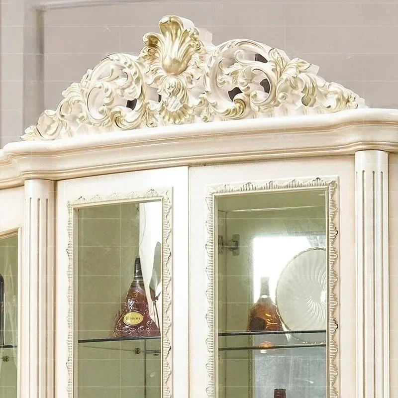 Vintage White Gold Display Cabinet For High-end Villa Living Room, Made Of Solid Wood In European Style