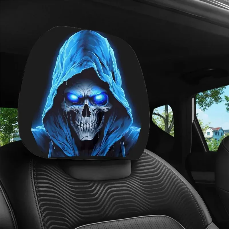 2PCS Domineering Blue Skull Car Pillowcase, Fashion Double-sided Printed Car Interior Personalized Decoration