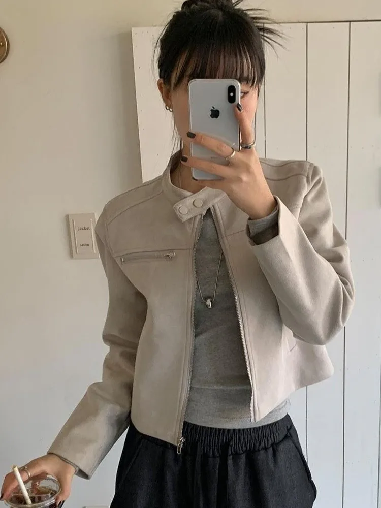 Women's ort Biker Jaet Suede Velvet Stand Collar Zipper Closure Long Sve Casual Sle Autumn Faion Ladies Coat