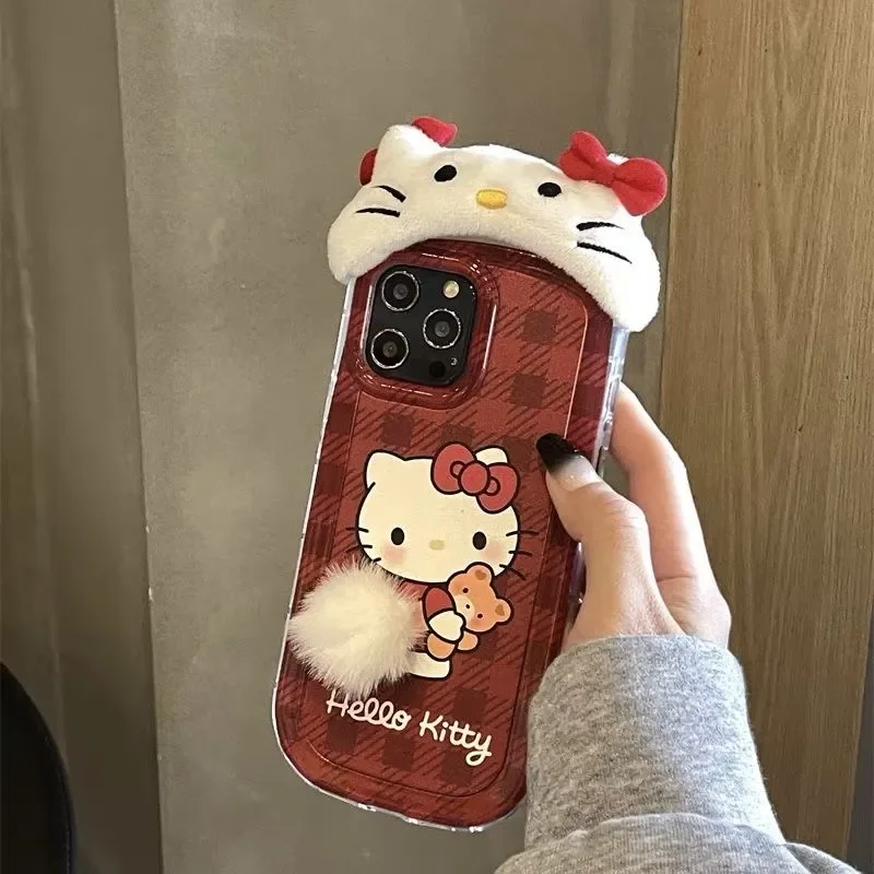 

Plush Sanrio Christmas red grid Hello Kitty Phone Case for IPhone15 14 13 12 Pro Max Kawaii Wear Hat Shockproof Protective Shell