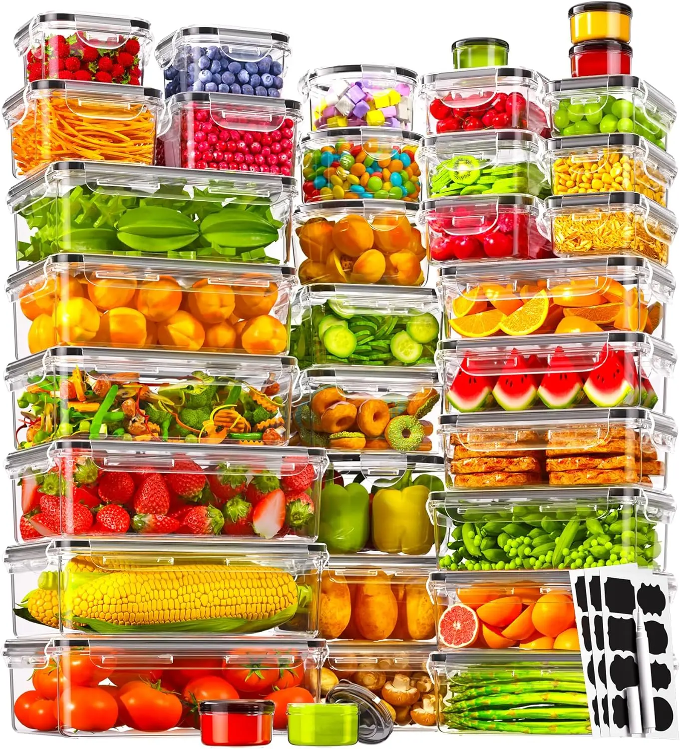 

70 контейнеров для хранения продуктов без BPA с крышками, герметичные, многоразовые, набор для приготовления еды, включает этикетки и маркер